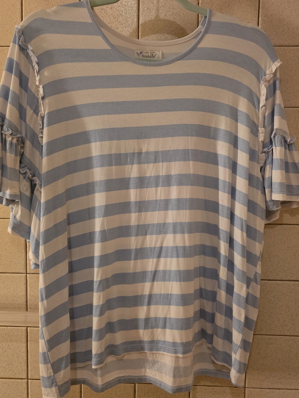 Mud Pie Womans White Striped Ruffle Sleeve Top